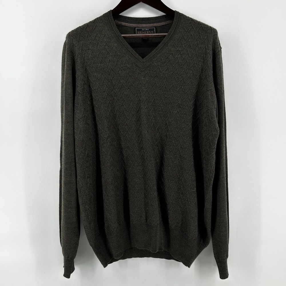 Jos A Bank Reserve Sweater Mens 2XL Olive Merino Wool Blend Diamond Knit V Neck